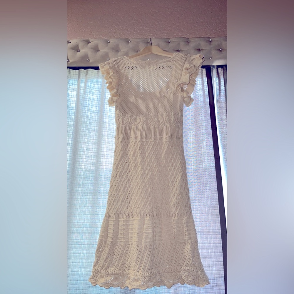 Happy X Nature Crochet Midi Dress Beige Ruffle Sleeves Pullover Lined